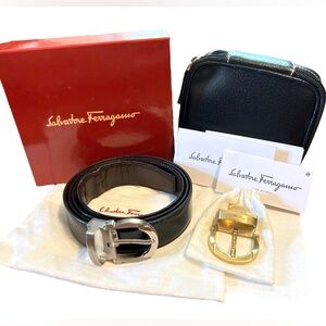 Salvatore Ferragamo Black Brown Reverse Rugby Belt Gancini Gold Silver 2 Buckles